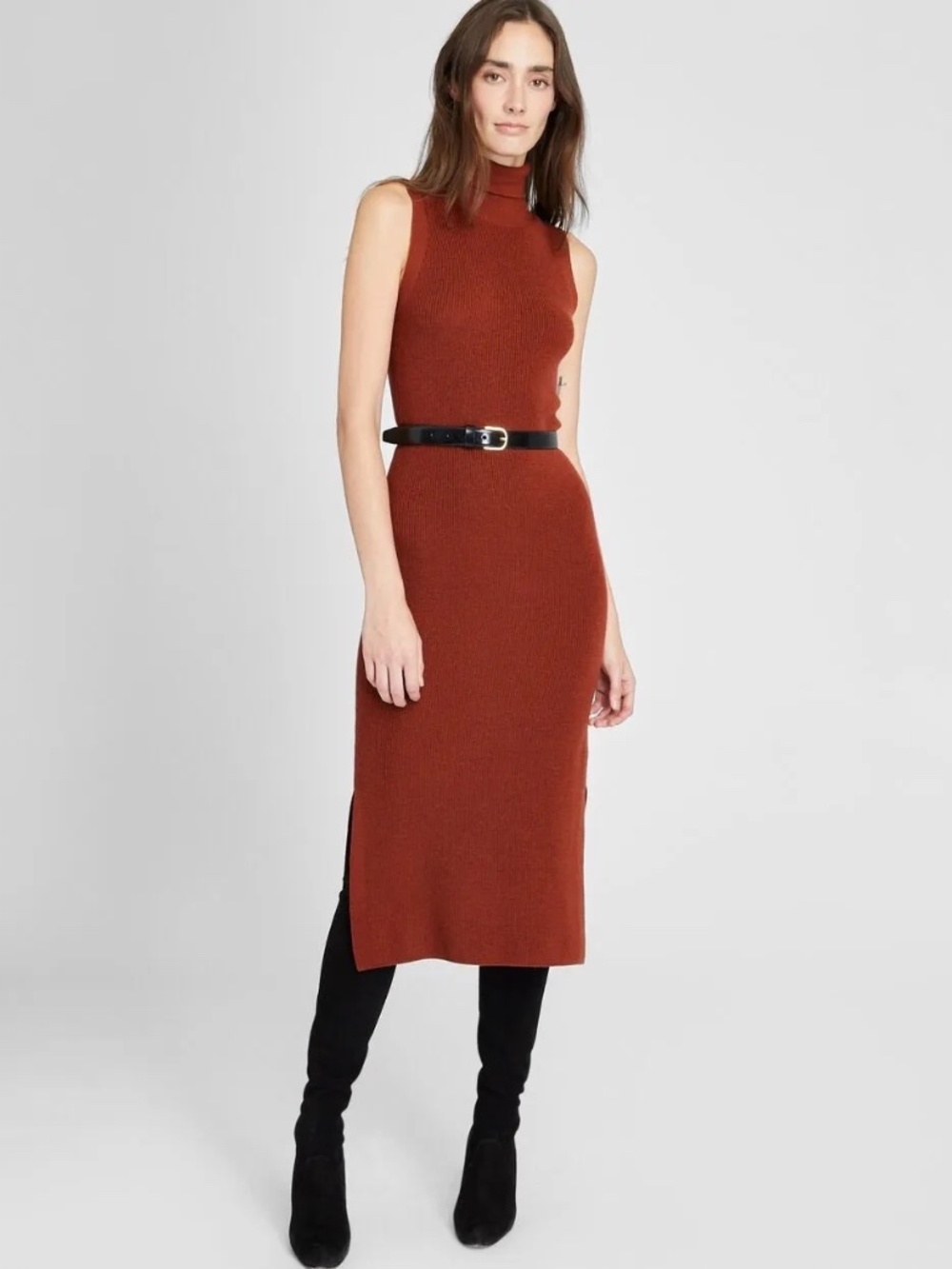 Club Monaco Sleeveless Turtleneck Dress,  100% Merino Wool, Rust Colour, Perfect